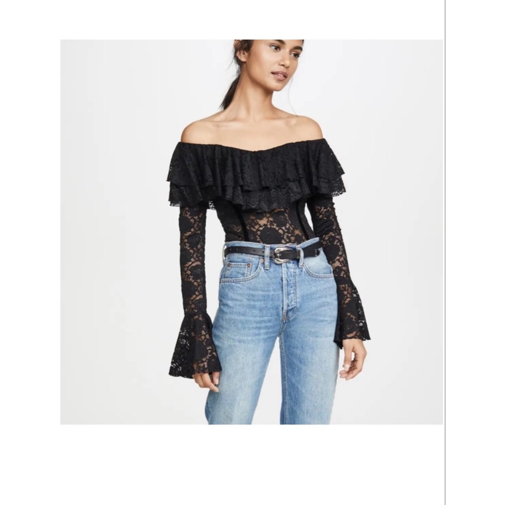MISA Los Angeles Taylor Lace Black Off the Shoulder Ruffle Bodysuit- Size XS